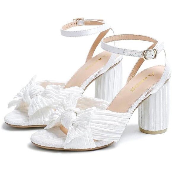 🆕Women White Ankle Strap Bowknot Chunky Wedding Party Dress Shoes Heeled Sandal - Picture 3 of 8
